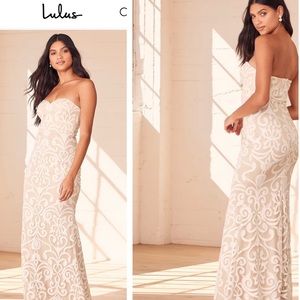 Art of Romance Beige and White Embroidered Strapless Maxi Dress